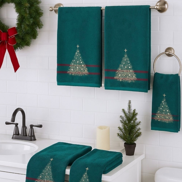 Vintage Christmas Tree Towel Set 2 Bath Towels 2 Hand Towels Green W/ Red Ribbon - Picture 2 of 11